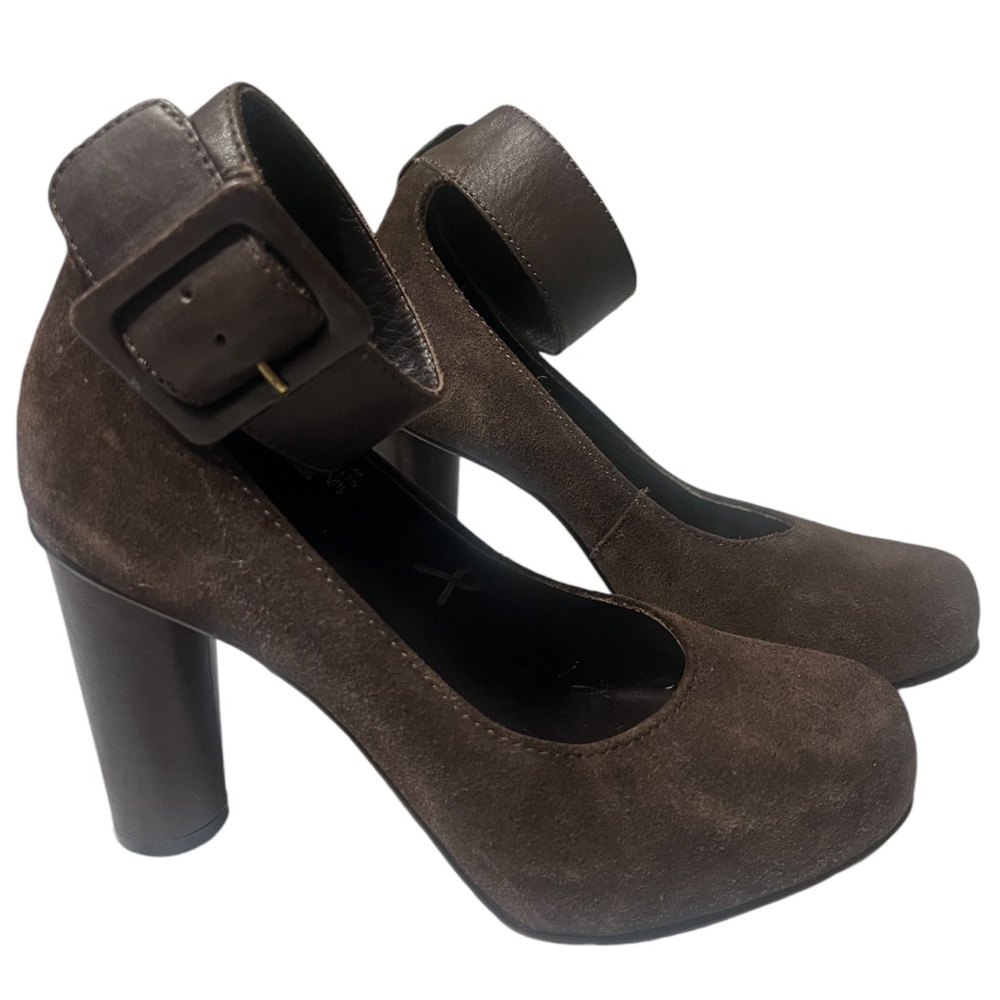 LL Bean Suede Platform Slip Om Adjustable Strap Pump Heels size 7.5 Brown